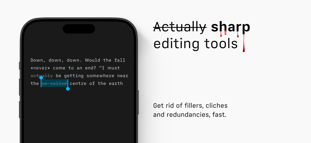 iA Writer - Interface do aplicativo iA Writer mostrando análise de sintaxe e a remoção de palavras de preenchimento e redundâncias em uma tela móvel.