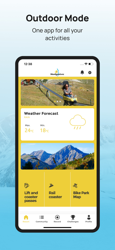 Interface de l'application mobile Montgenevre montrant les fonctionnalités du mode extérieur d'été telles que les prévisions météorologiques et les réservations d'activités