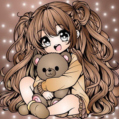 manga girl, long curly hair, happy, cuddling a teddy bear
