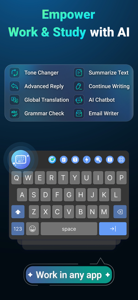 AI Keyboard: Grammar & Writer - Interfaz del teclado IA que muestra funciones de productividad como corrección gramatical, cambiador de tono y herramientas de redacción de correos electrónicos para el trabajo y el estudio.