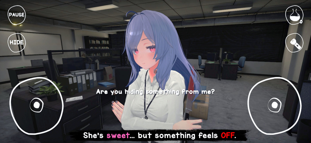 Yandere Horror Game - Personaje de anime Mira sosteniendo un cuchillo a su espalda en una oficina oscura