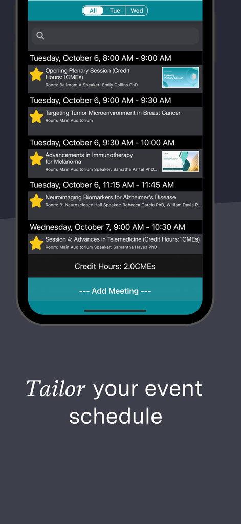 Eventscribe - Eventscribe app interface displaying a detailed conference session schedule with session times and descriptions.
