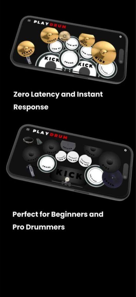 Play Drum – Real Drums Kit App - Two smartphones displaying different virtual drum kit layouts in the Play Drum app including acoustic and electronic pads