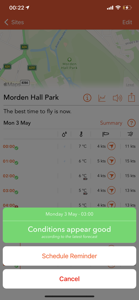 Windsock mobile app interface displaying favorable drone flight conditions and a weather forecast summary