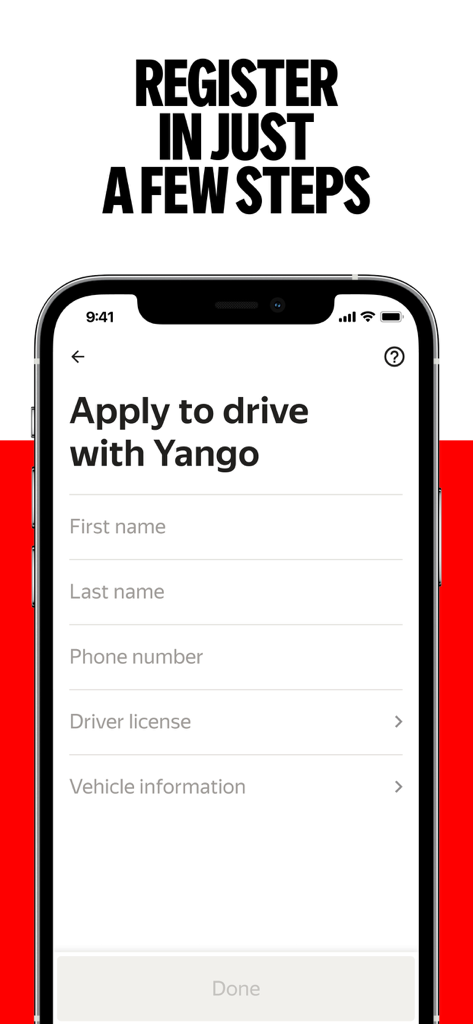 Yango Pro (Taximeter) - driver - Yango Pro Fahrer-App-Registrierungsbildschirm mit Feldern für Name und Lizenzinformationen
