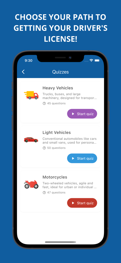 Theoretical driving test - Pantalla de la aplicación Examen Teórico de Conducir que muestra opciones para iniciar cuestionarios para vehículos pesados, vehículos ligeros y motocicletas.