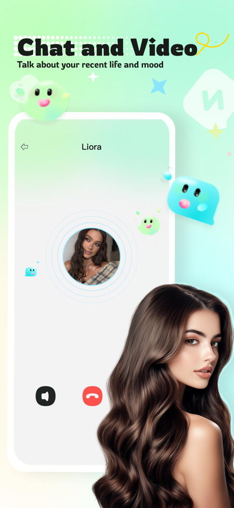 Joiy：Adult，Chat & Social Hub - Captura de tela do aplicativo Joiy mostrando uma interface de videochamada com a foto de perfil de uma mulher e controles de chamada.