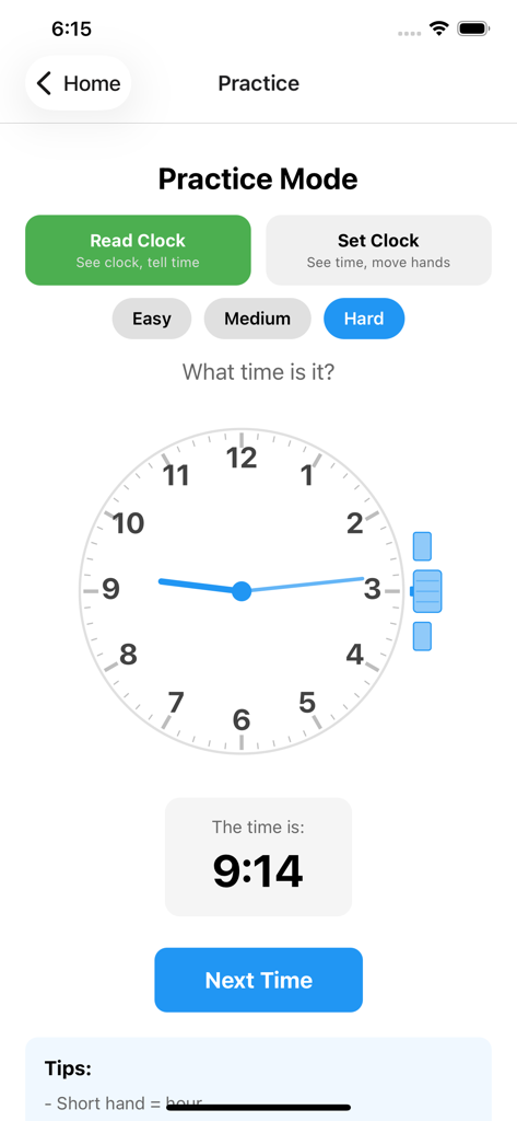 Practice Mode screen showing an analog clock at 9:14 with options to read or set the clock