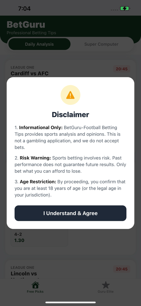 BetGuru: Football Betting Tips - Aviso legal emergente en la aplicación BetGuru que muestra información de uso, advertencias de riesgo y restricciones de edad con un botón Acepto y Entiendo.