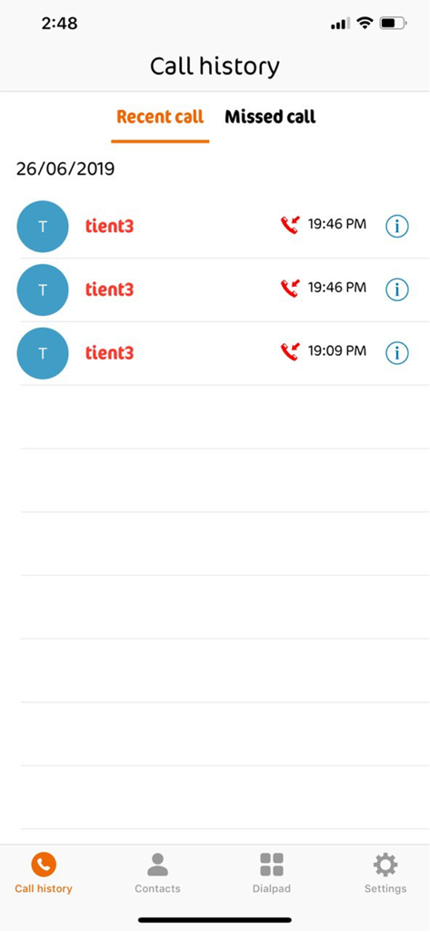 MyCall - Mytel - The call history screen of the MyCall Mytel app displaying recent calls and navigation options