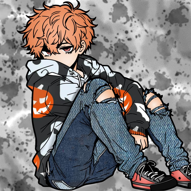 a male hoddie ripped jeans messy hair anime