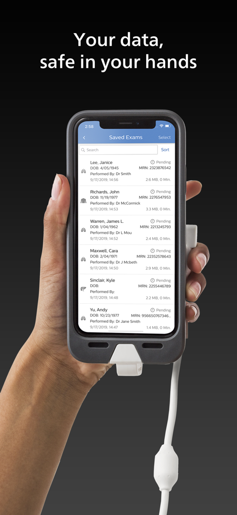 An iPhone displaying a list of saved patient ultrasound exams in the Lumify app