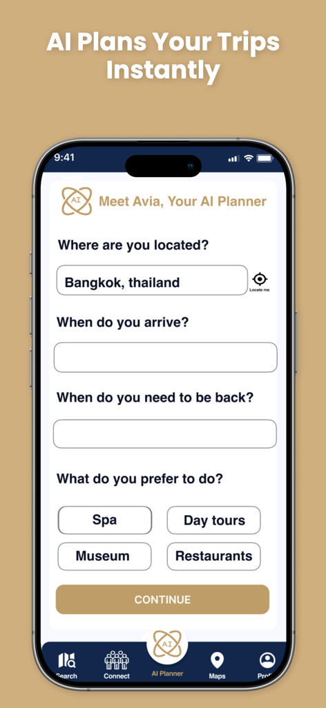 CrewVIP AI Airline Staff Perks - CrewVIPモバイルアプリの画面。AI乗り継ぎプランナーが表示されており、航空会社クルーは場所やアクティビティの好みを設定できます。