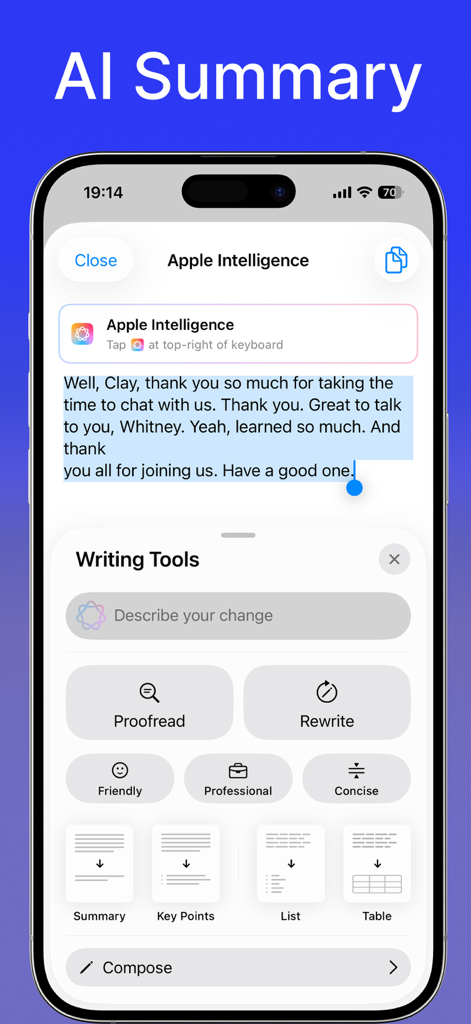 LoroNote - AI Transcribe - LoroNoteアプリのインターフェース。文字起こし用のAI要約とApple Intelligenceライティングツールを表示。