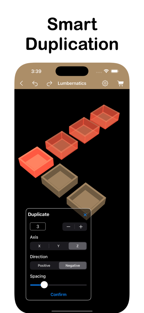 Interfaz de la herramienta de duplicación inteligente en la aplicación de carpintería Lumbernatics mostrando replicación de modelo 3D