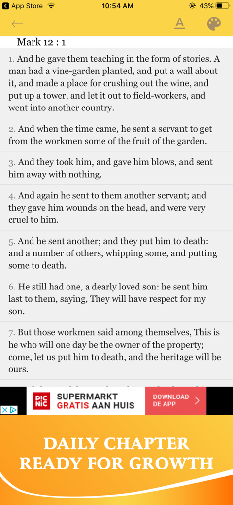 Bible In Basic English - BBE - Pantalla de la aplicación Biblia en Inglés Básico que muestra las Escrituras de Marcos 12 y un banner de crecimiento de capítulo diario.