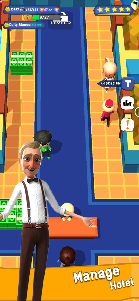 Hotel Dash Idle Tycoon Games - Capture d'écran du jeu montrant un personnage de manager dans un couloir d'hôtel avec des clients et des tas d'argent