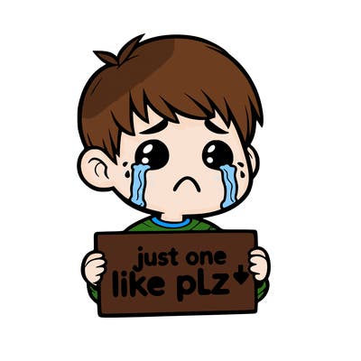 realistic crying boy with a sign saying just one like plz