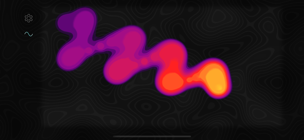 Skym - A colorful fluid heat map stroke on a dark textured background within the Skym MIDI controller app interface.