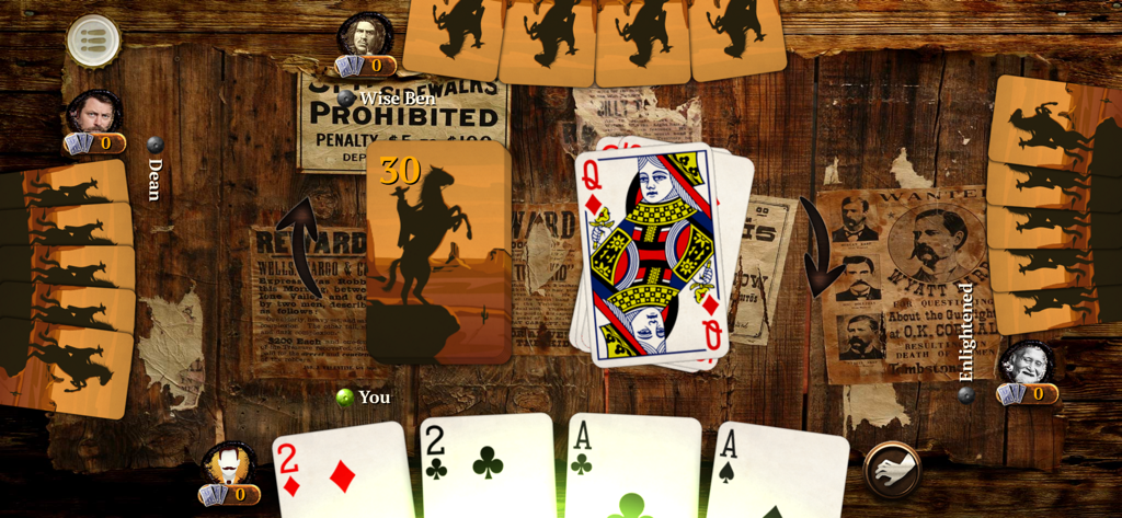 Crazy Eights Elite - Gameplay of Crazy Eights Elite card game with a Wild West themed wooden table and character avatars