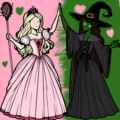 detailed realistic split of a princess and a witch