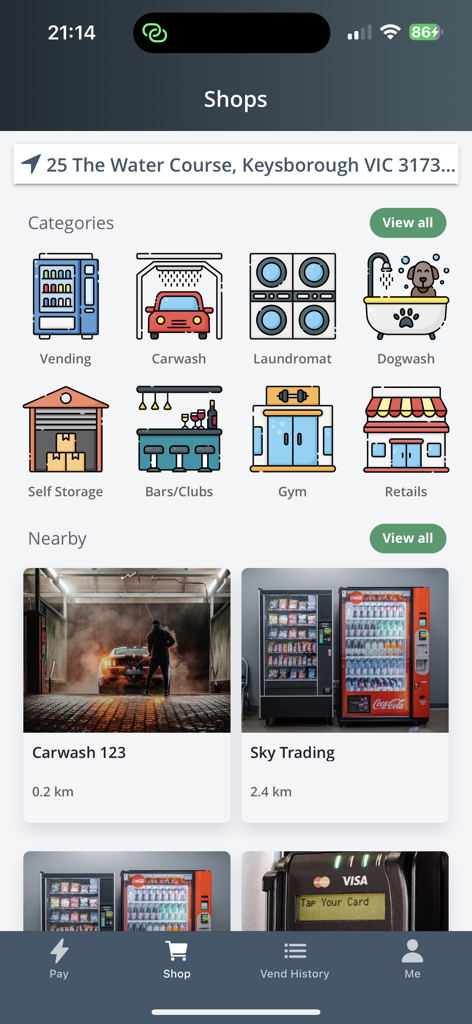 Circum Pay - The shops screen of the Circum Pay app showing service categories and nearby business listings