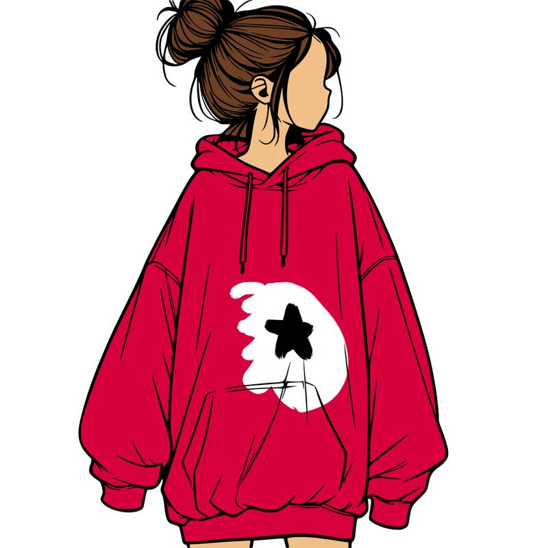 realistic girl with a oversized sweatshirt on and a bun