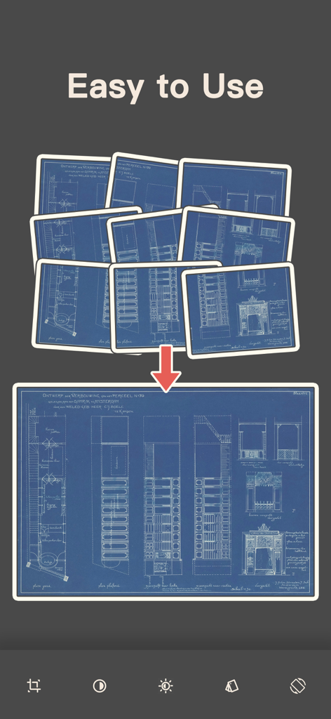 Graphic showing how the app stitches multiple overlapping blueprint photos into one large panoramic image.