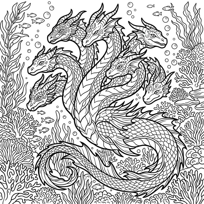 Explore the mysteries of the deep with this stunning multi-headed sea beast coloring page, featuring intricate details and a majestic serpentine form. Immerse yourself in a fantasy ocean filled with unique dragon-like heads and rich underwater scenery, ready for your creative touch.