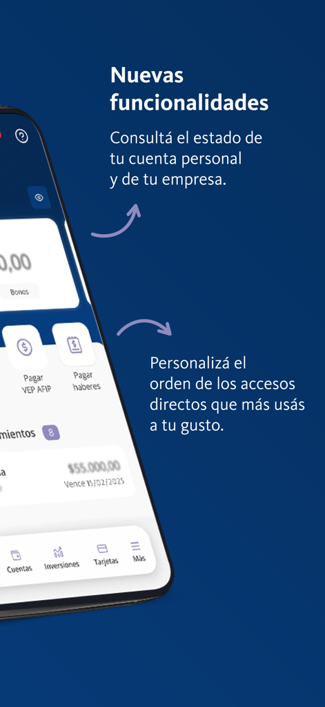 Interfaz de la aplicación BNA Plus Empresas que muestra el estado de cuentas personales y empresariales y accesos directos personalizables