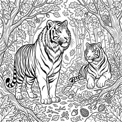 Explore a magnificent coloring page featuring powerful Siberian tigers amidst a stunning autumn forest. This detailed design is filled with falling leaves, acorns, and berries, perfect for a relaxing and engaging coloring session.