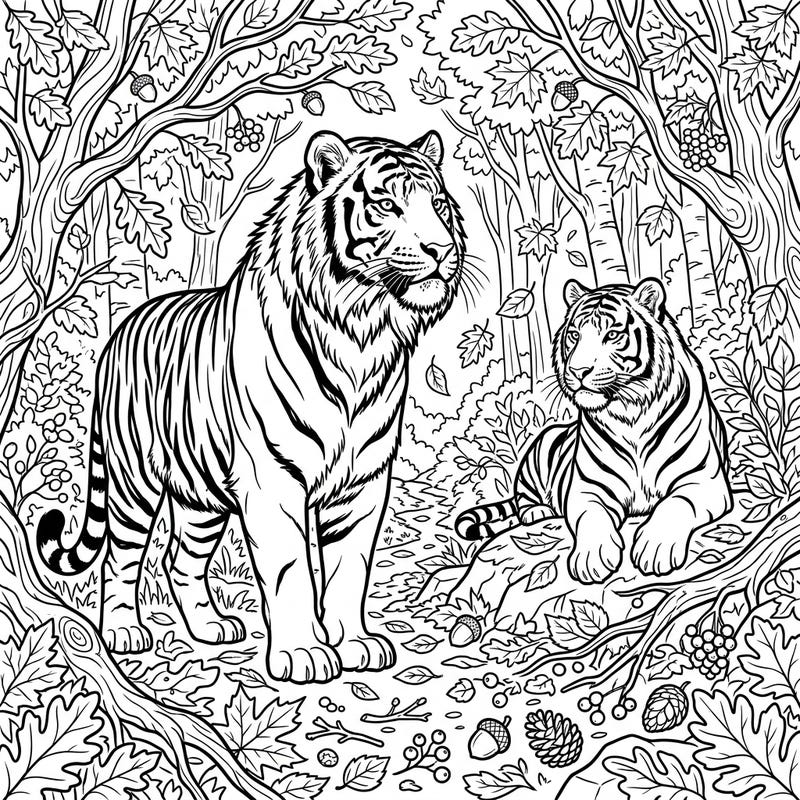 Explore a magnificent coloring page featuring powerful Siberian tigers amidst a stunning autumn forest. This detailed design is filled with falling leaves, acorns, and berries, perfect for a relaxing and engaging coloring session.