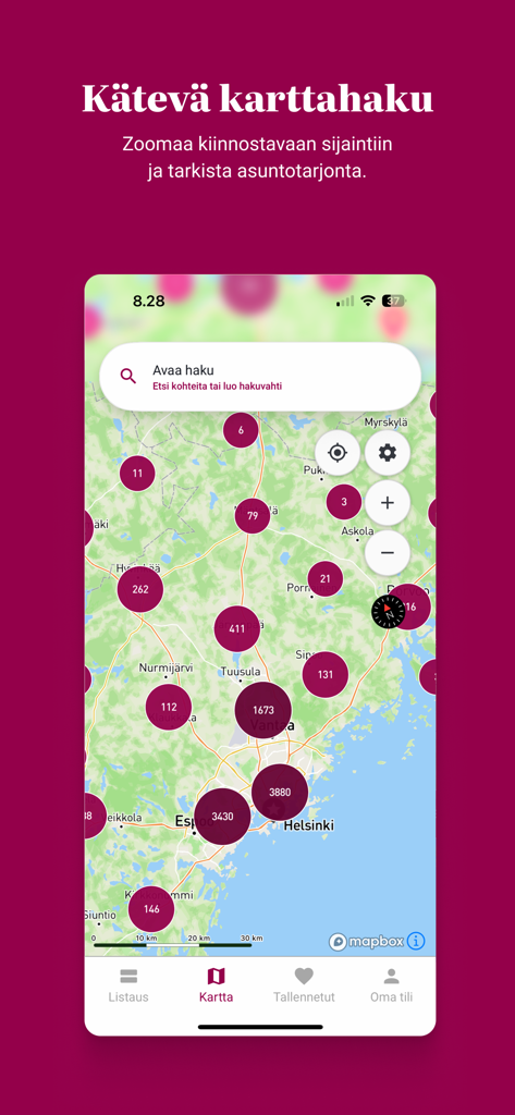 Etuovi mobile app interface showing a map of Finland with property listing clusters and search bar
