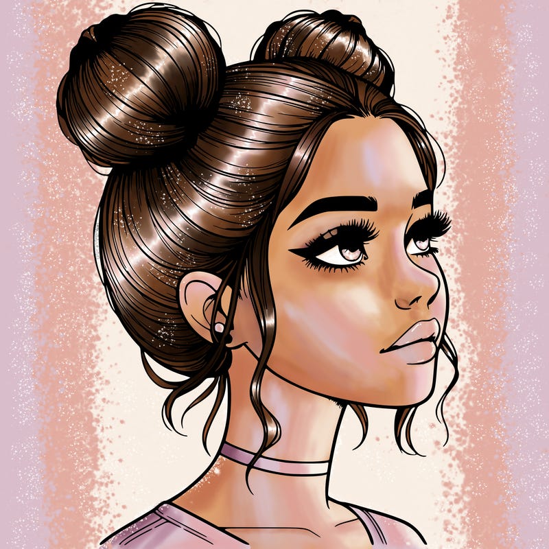 realistic girl with buns on the top of her head