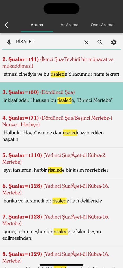 A search results screen in the Risale-i Nur Reading Program app showing highlighted keywords within Turkish theological texts