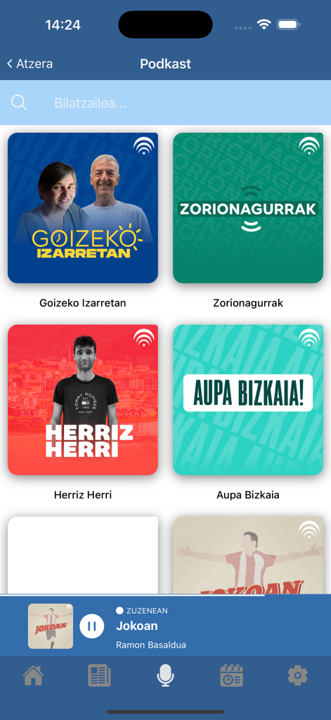 Bizkaia Irratia - Interfaz de la aplicación Bizkaia Irratia mostrando una lista de podcasts disponibles en euskera