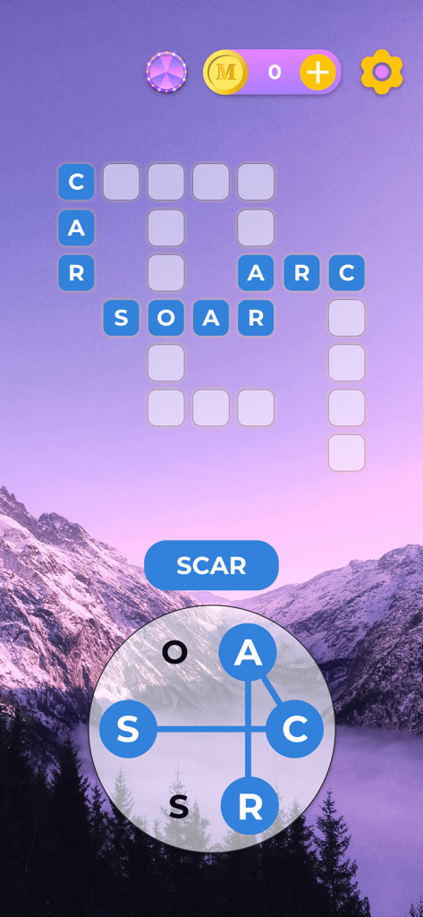 Word Flowers - Gameplay of Word Flowers puzzle game with a mountain scenery background