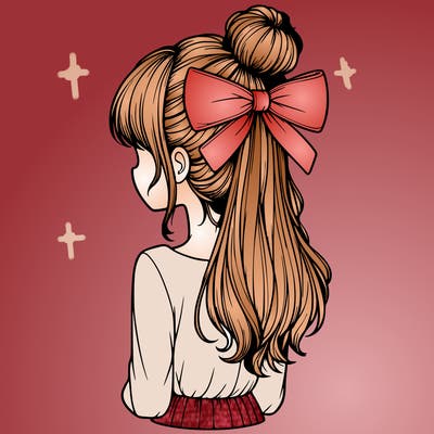 realistic girl  with hip length hair a bun and a big bow on the back of head