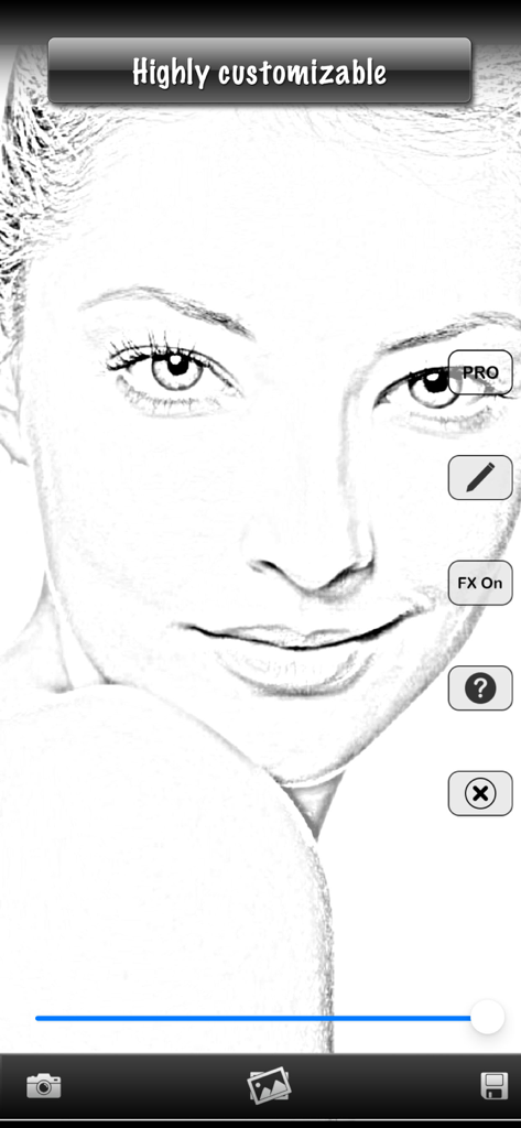 Pencil Sketch Photo Editor + - A womans face edited into a light pencil sketch with app controls visible