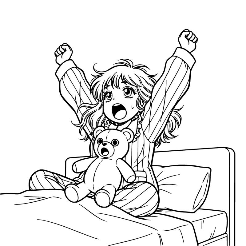 a girl yawning  looking sleepy and wearing pj's and holding a teddy bear