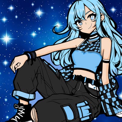 anime girl with a crop top and ripped jeans