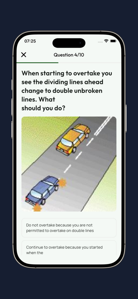 Practice question from the Zimbabwe Highway Code app about overtaking on double lines