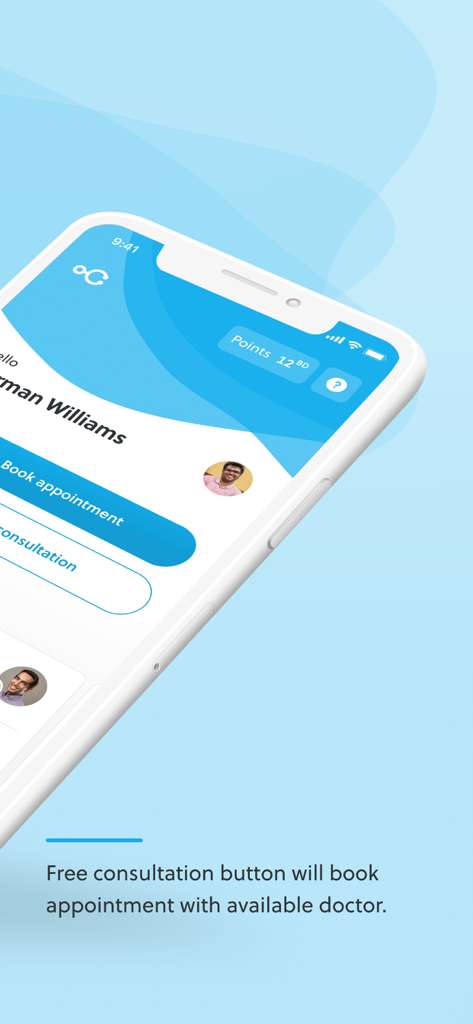 Doctori app dashboard showing buttons to book an appointment or start a consultation