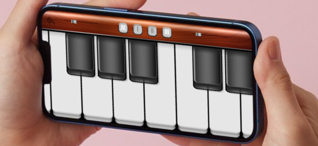 A person holding a smartphone horizontally playing a virtual piano keyboard within the Real Piano app interface