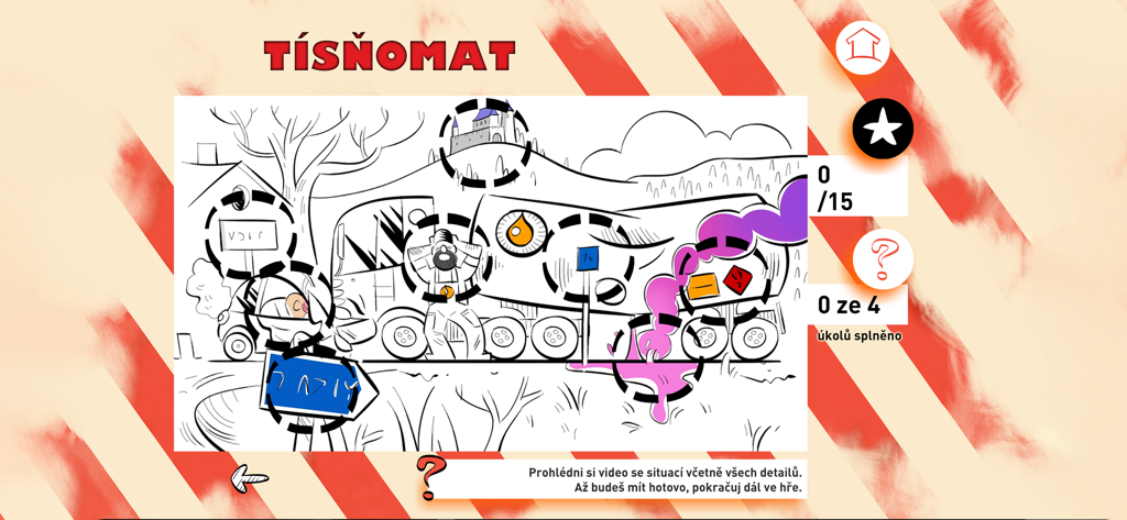 Tísňomat - nácvik volání - Escenario animado de un accidente de camión en la aplicación Tisnomat para practicar la notificación de emergencias.