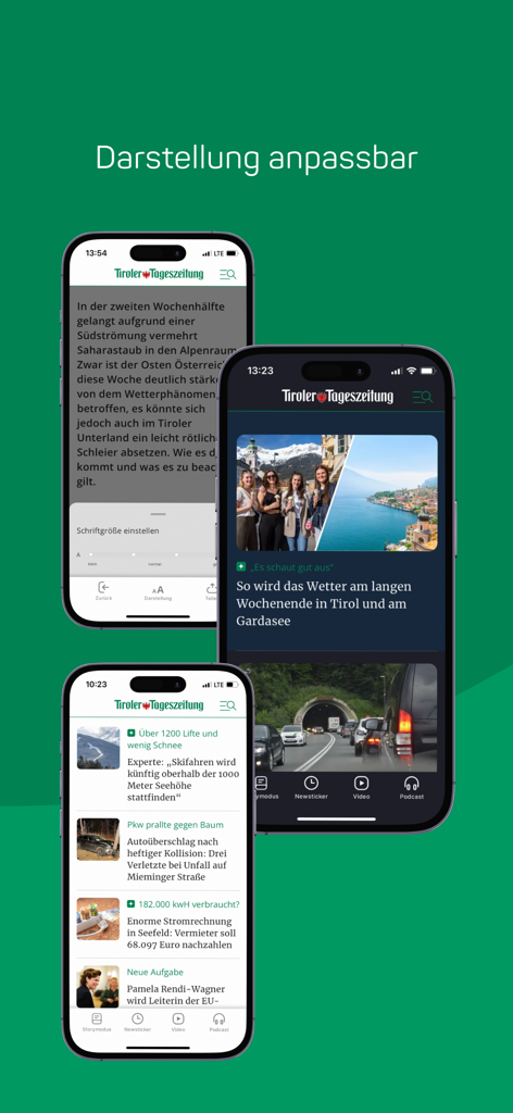 tt.com - Mobile app screenshots of tt.com showing news articles and adjustable display settings