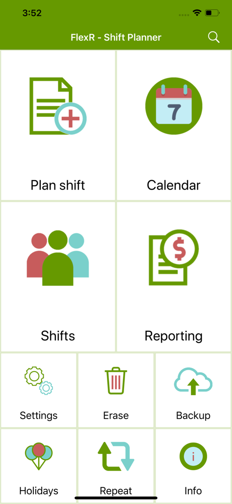 FlexR (Shift planner) - Haupt-Dashboard der FlexR-App mit Menüsymbolen für Schichtplanung, Kalenderschichten und Finanzberichte