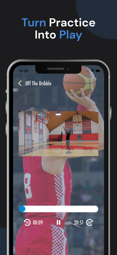 Basketball Training & workouts - Interfaz de aplicación móvil que muestra un video de un jugador de baloncesto practicando un ejercicio de tiro después de driblar