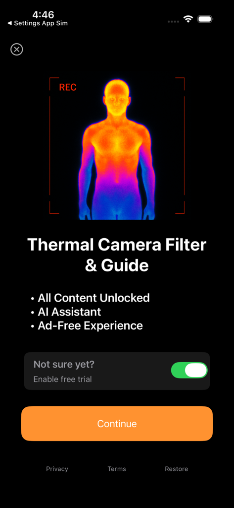 Thermal Camera Filter Effects - Thermal Camera Filter and Guide app subscription page featuring a thermal image of a human torso