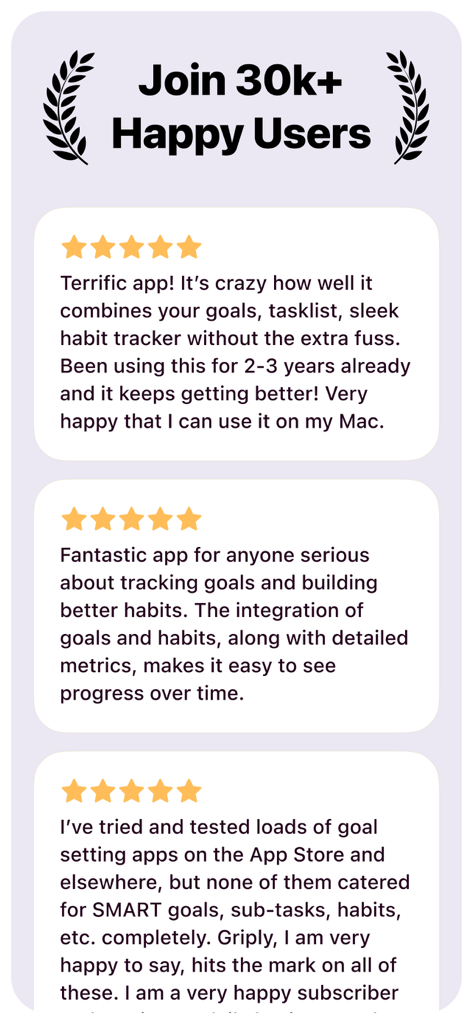 Goal Tracker: Griply - Positive user reviews and five-star ratings for the Griply goal and habit tracker app